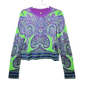 Free People Paisley Cropped Sweater Purple Green Striped Long Sleeve Medium